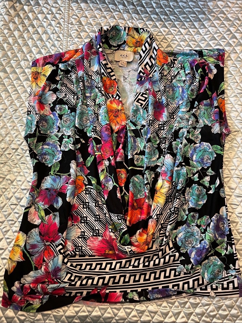 ECI Black Multicolor Floral Surplice Blouse